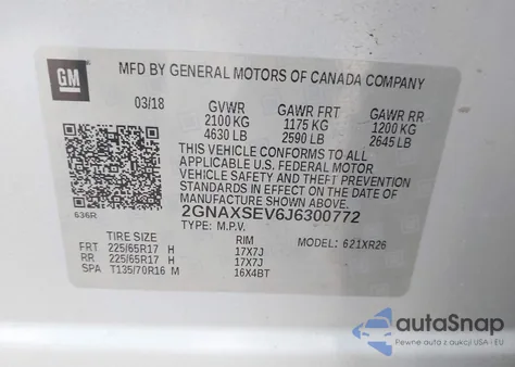 2018 Chevrolet Equinox Lt z USA, uszkodzony, nr VIN 2GNAXSEV6J6300772